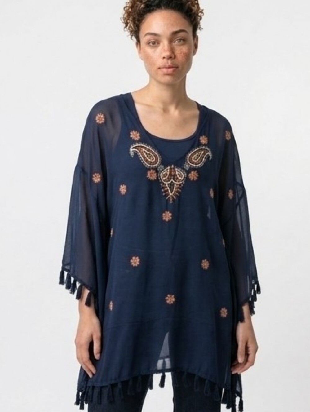 Breezy Embroidered Bohemian Black Loungewear Poolside Yacht Cruise Tunic Kaftan